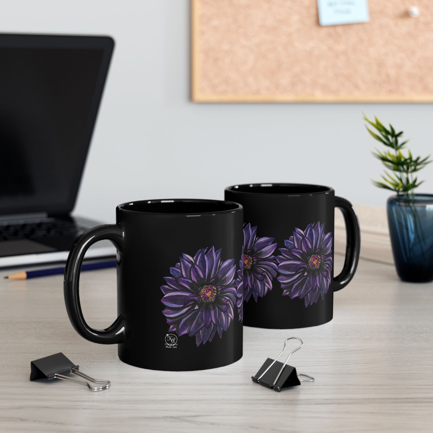 Purple Dahlia Moods Mug 11 oz & 15 oz – Moody Floral Coffee Cup – Black Ceramic Mug with Hand-Painted Art by Heather Anne