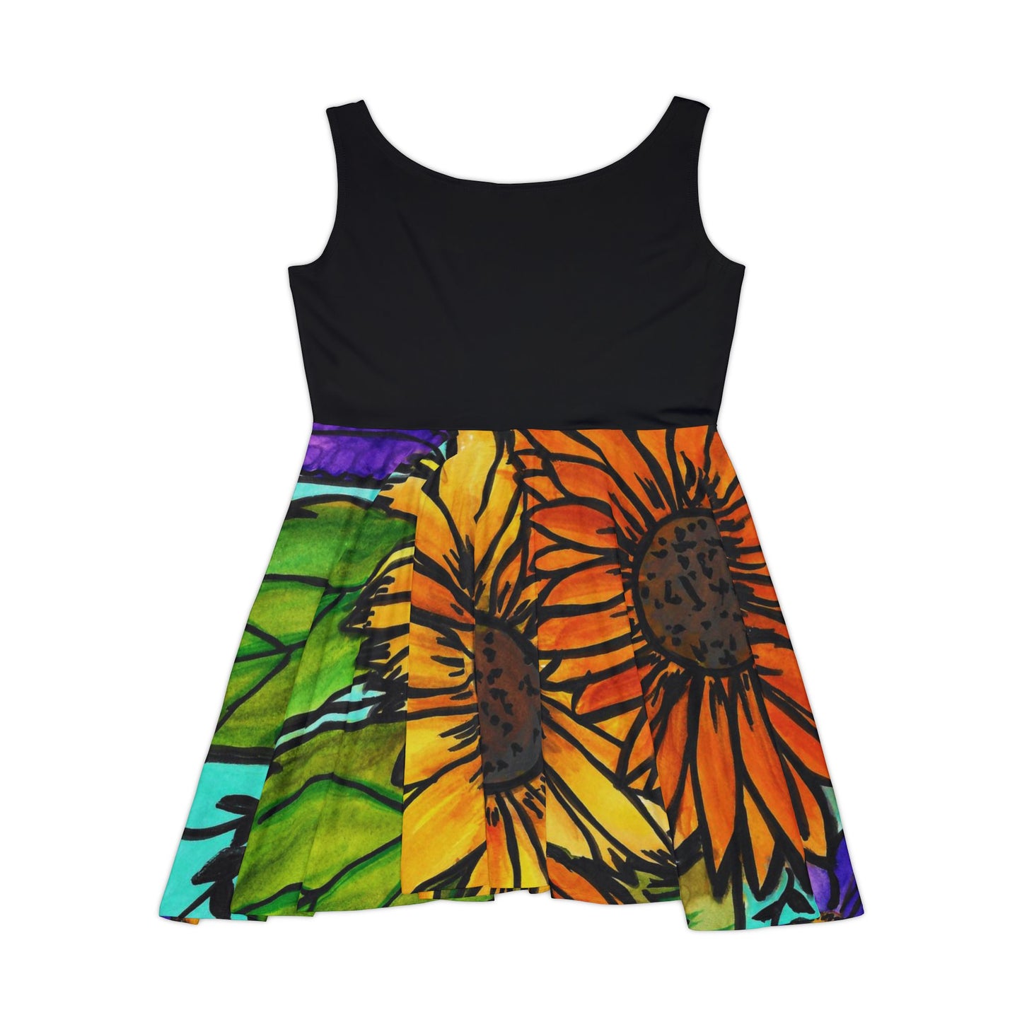 Sunflowers and Violets Floral Painted Skater Dress