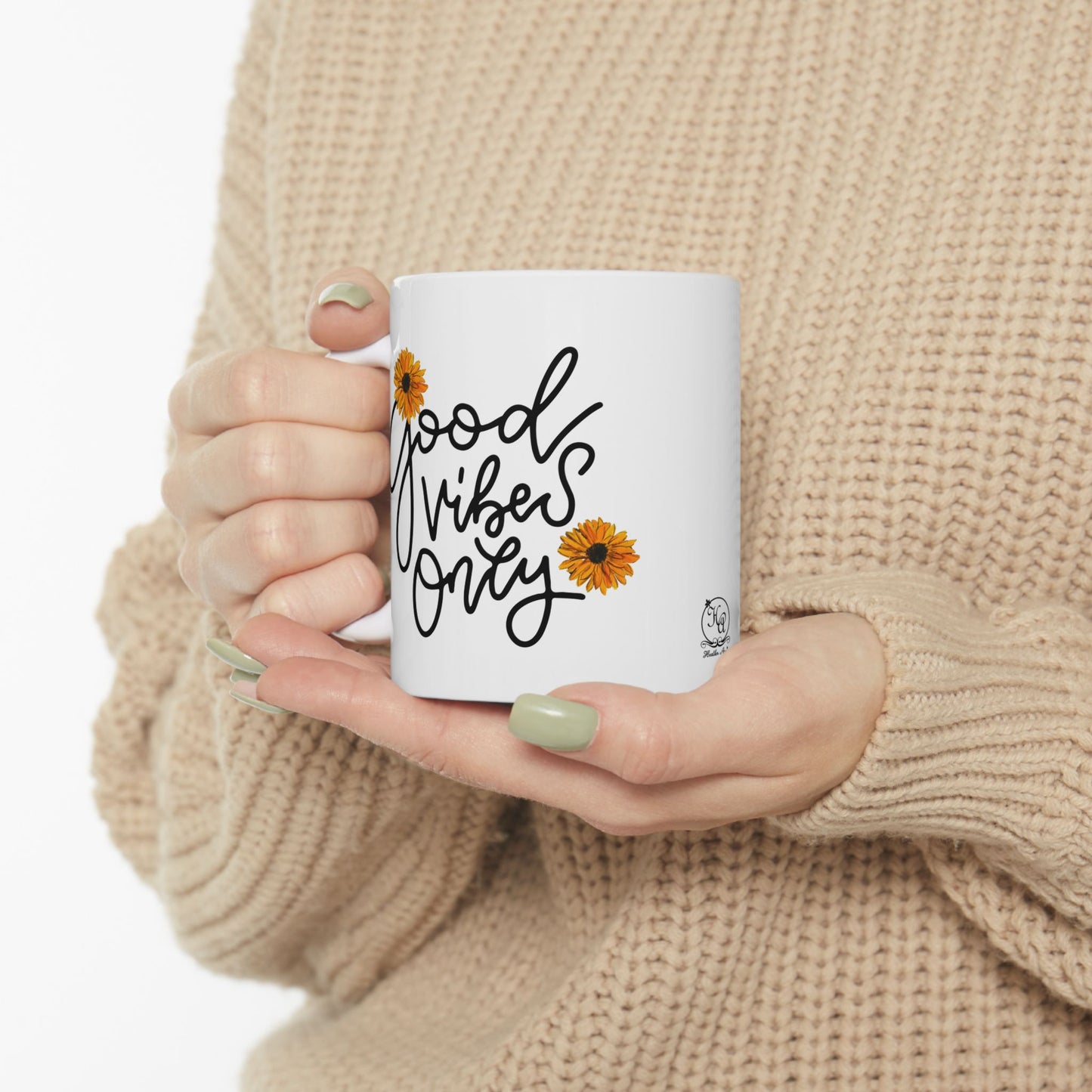 Good Vibes Only Daisy Mug, Positive Vibes Coffee Cup with Hand-Painted Floral Design, Inspirational Gift, 11oz & 15oz