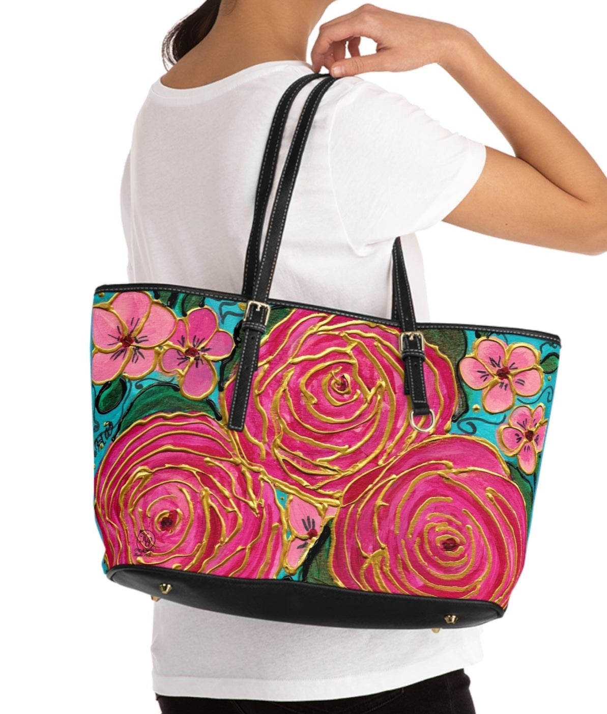 Tropical Gold Roses with Pink Plumeria PU Leather Shoulder Bag