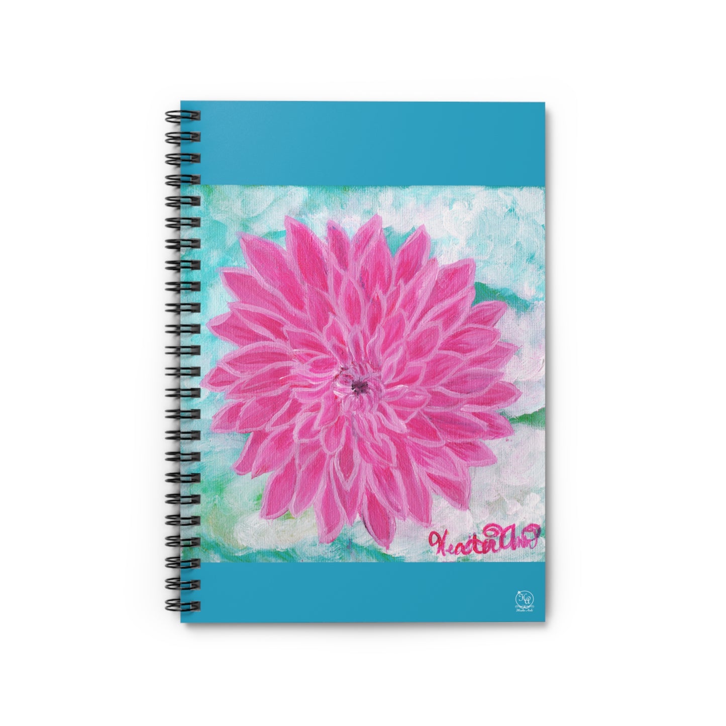 Pink Dahlia No. 1: Blush and Sky Journal Notebook TEAL TURQUOISE COVER, Lined, Spiral Bound, 118 pages Diary with Original Art by Heather Anne