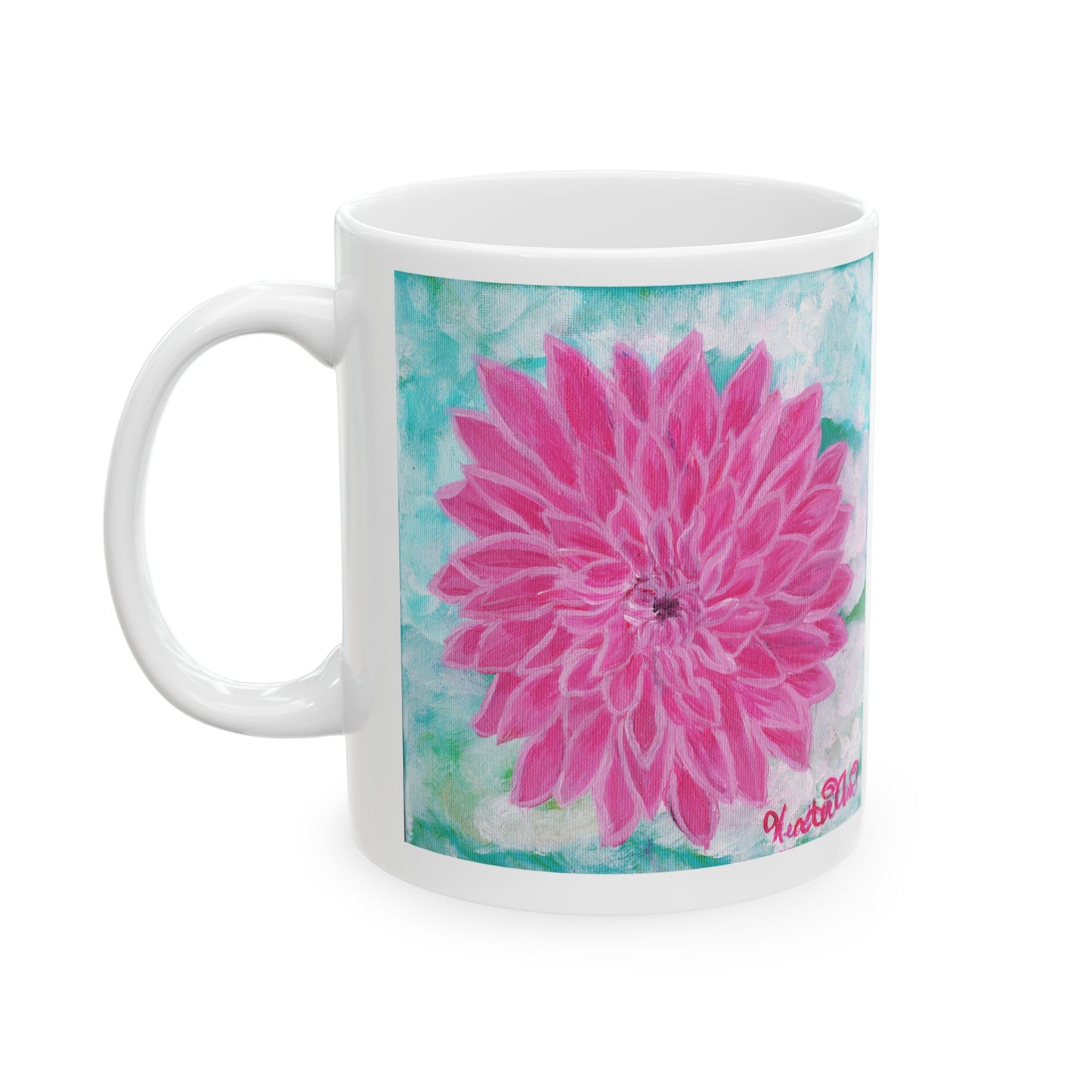 Pink Dahlia No. 1: Blush and Sky Mug – Pink Dahlia Flower Art Mug on Aqua – Ceramic Coffee Cup with Original Art by Heather Anne