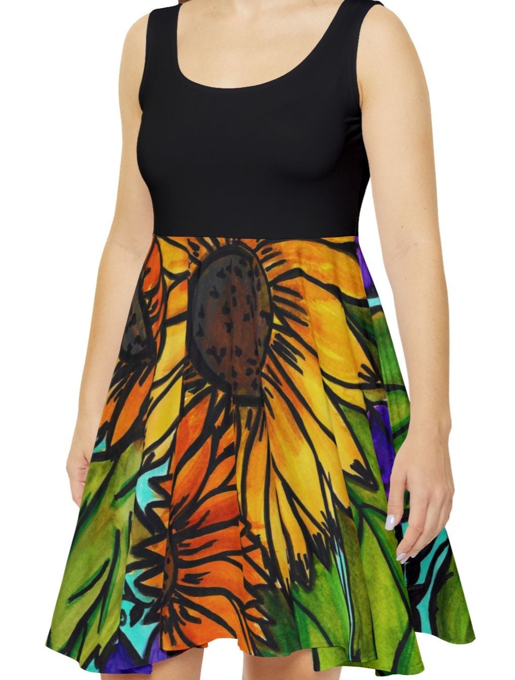 Sunflowers and Violets Floral Painted Skater Dress