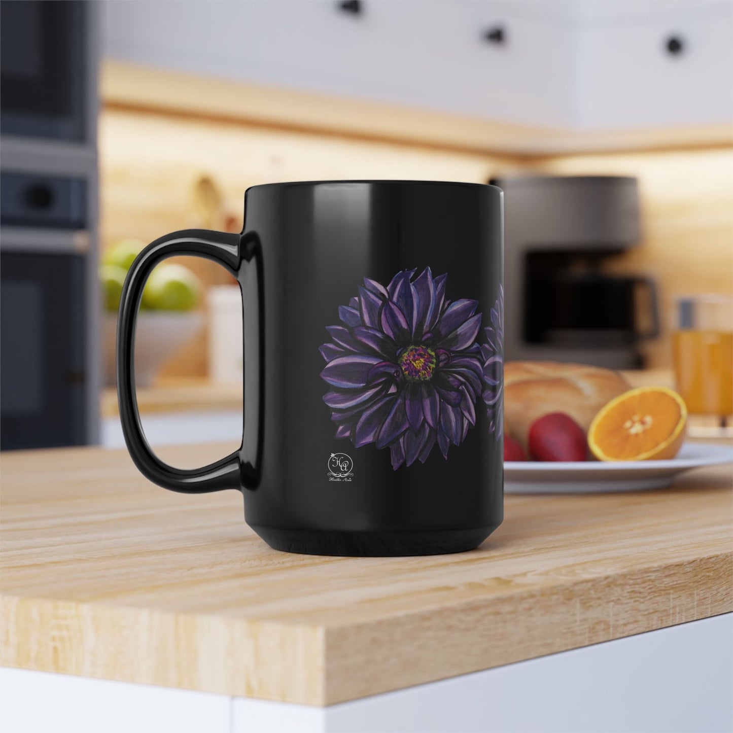 Purple Dahlia Moods Mug 11 oz & 15 oz – Moody Floral Coffee Cup – Black Ceramic Mug with Hand-Painted Art by Heather Anne