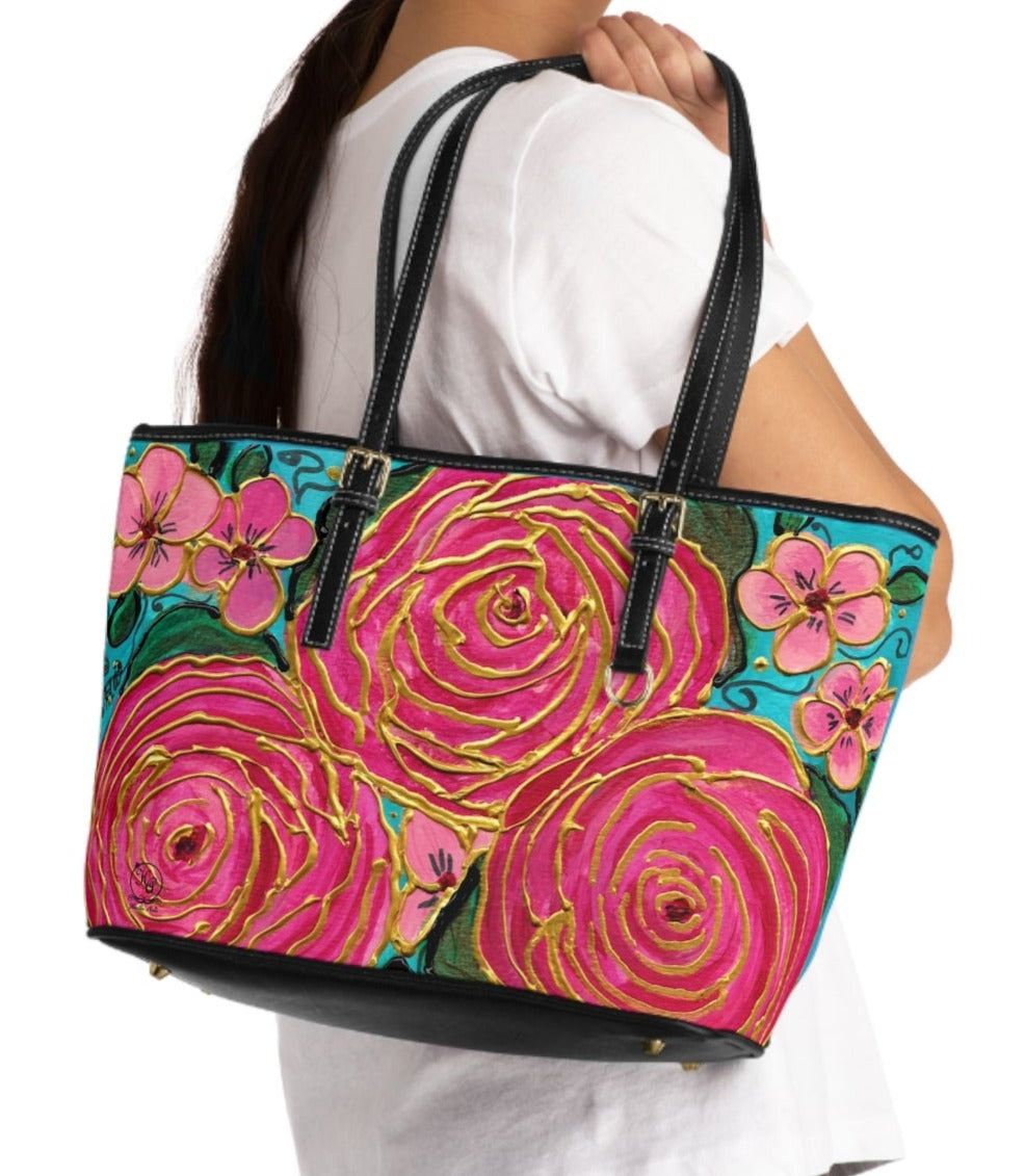 Tropical Gold Roses with Pink Plumeria PU Leather Shoulder Bag