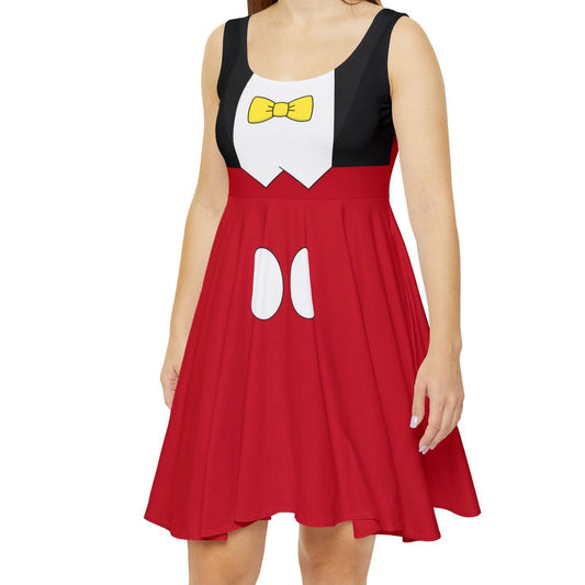 Women wearing a red and black Mickey Mouse tuxedo top inspired dress