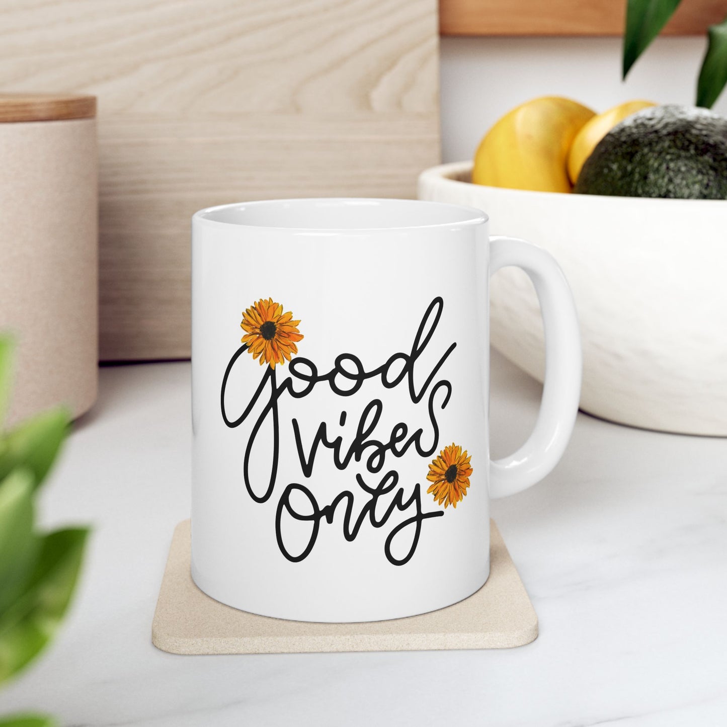 Good Vibes Only Daisy Mug, Positive Vibes Coffee Cup with Hand-Painted Floral Design, Inspirational Gift, 11oz & 15oz