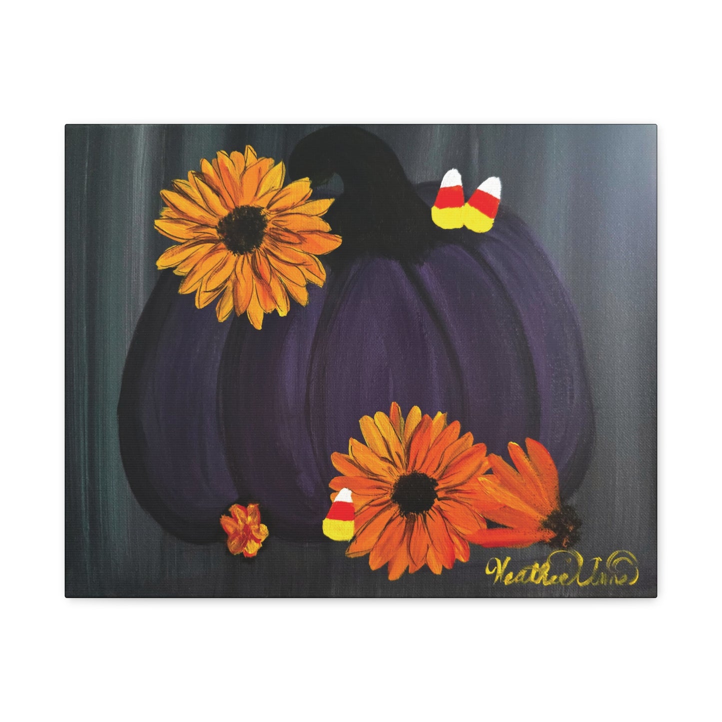 Purple Pumpkin with Sunflowers and Candy Corn Canvas Art Print