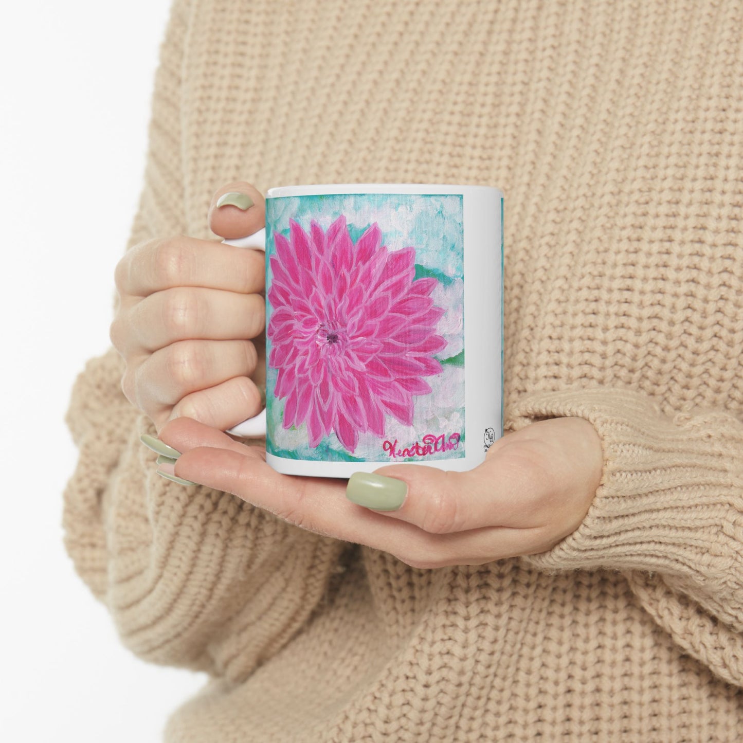 Pink Dahlia No. 1: Blush and Sky Mug – Pink Dahlia Flower Art Mug on Aqua – Ceramic Coffee Cup with Original Art by Heather Anne