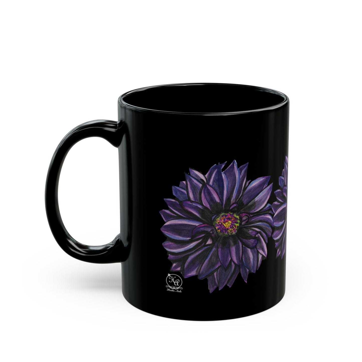 Purple Dahlia Moods Mug 11 oz & 15 oz – Moody Floral Coffee Cup – Black Ceramic Mug with Hand-Painted Art by Heather Anne