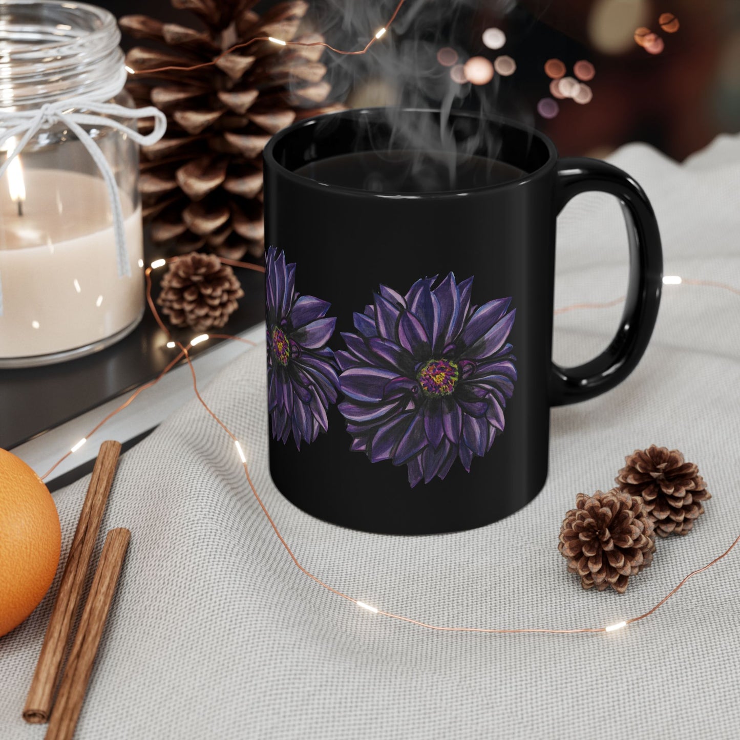 Purple Dahlia Moods Mug 11 oz & 15 oz – Moody Floral Coffee Cup – Black Ceramic Mug with Hand-Painted Art by Heather Anne