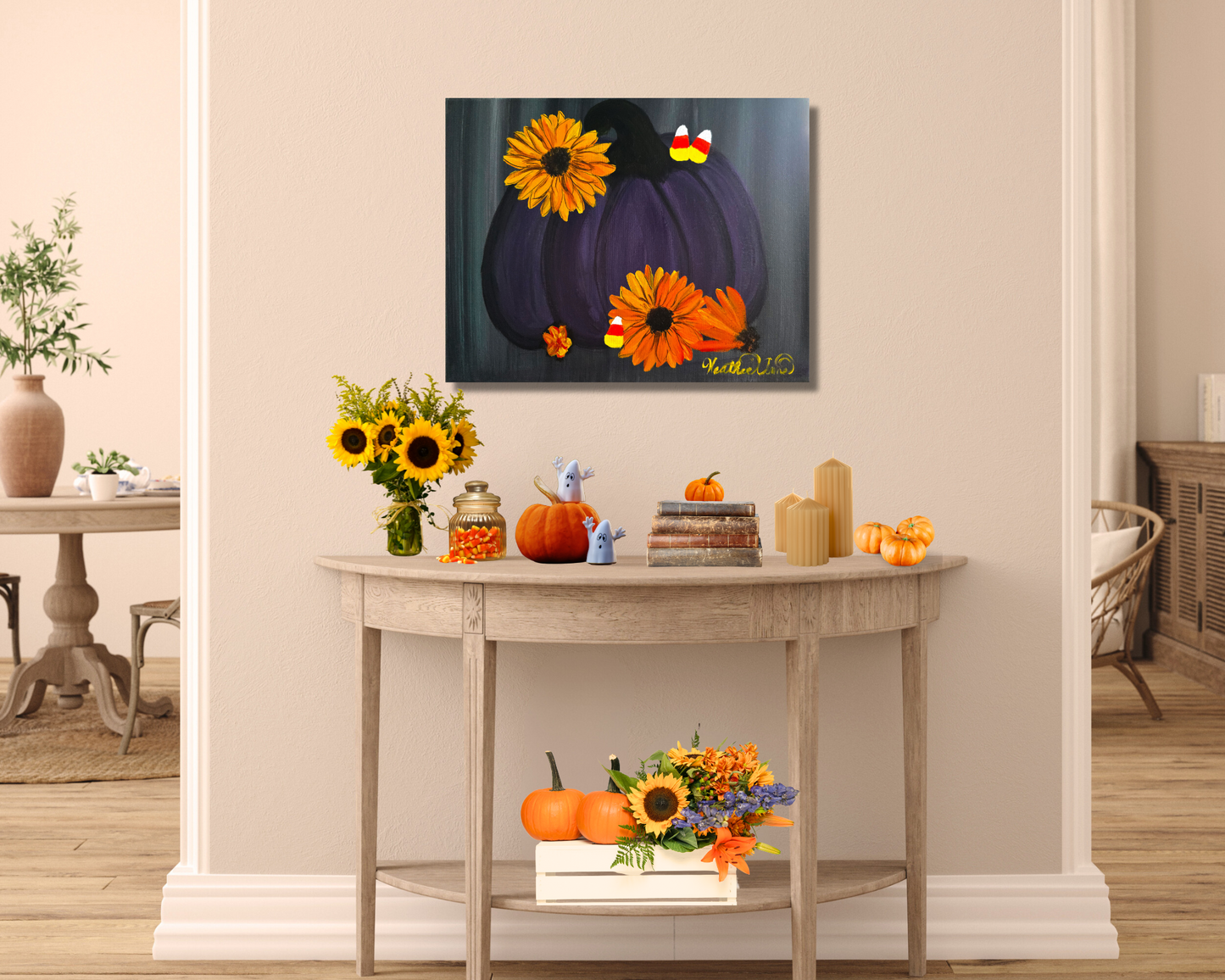 Purple Pumpkin with Sunflowers and Candy Corn Canvas Art Print