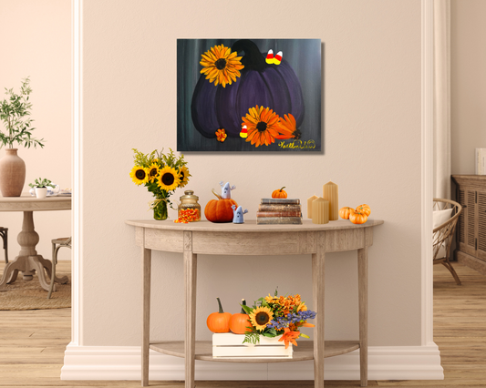 Purple Pumpkin with Sunflowers and Candy Corn Canvas Art Print
