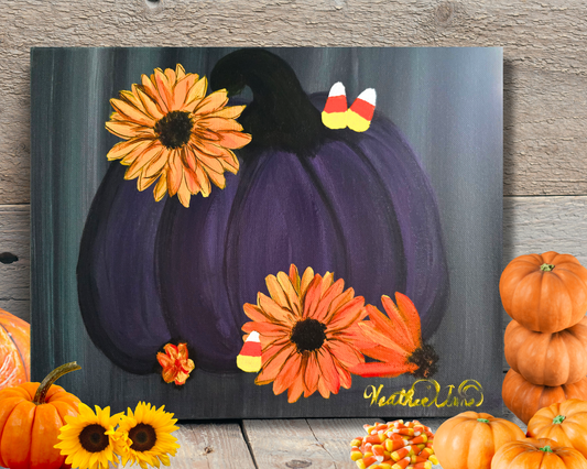 Purple Pumpkin with Sunflowers and Candy Corn Canvas Art Print
