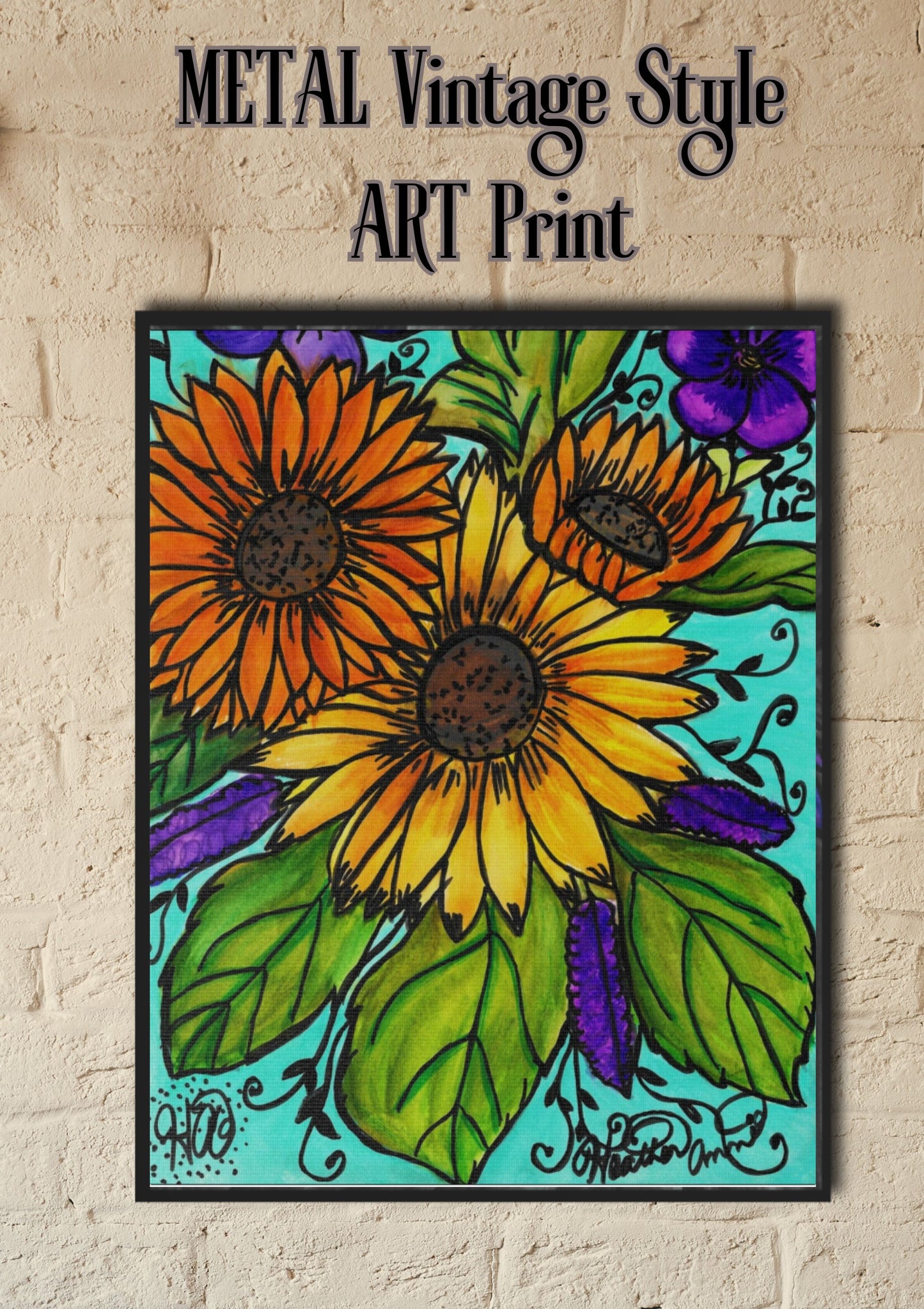 Sunflowers and Violets METAL Vintage Style Art Print