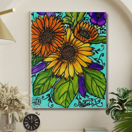 Sunflowers and Violets Canvas Print Watercolor Painting